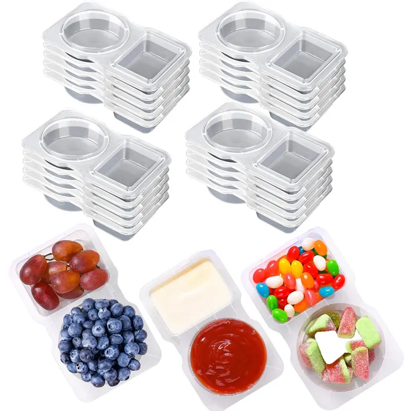 Disposable 2-Compartment Plastic Sauce Containers with Lids, Leak-Proof BPA-Free Dipping Cups for Kitchen Prep, Home & Festive Party Disposable Tableware