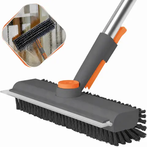 iCASA 3-in-1 Adjustable Long Handle Floor Brush,Stiff Bristles and Silicone Squeegee, 360° Rotating & Click-Lock, 4 Rods for 3 Lengths, 45° No-Bend Ergonomic Design,for Bathroom, Glass, Garage, Kitchen & Pool