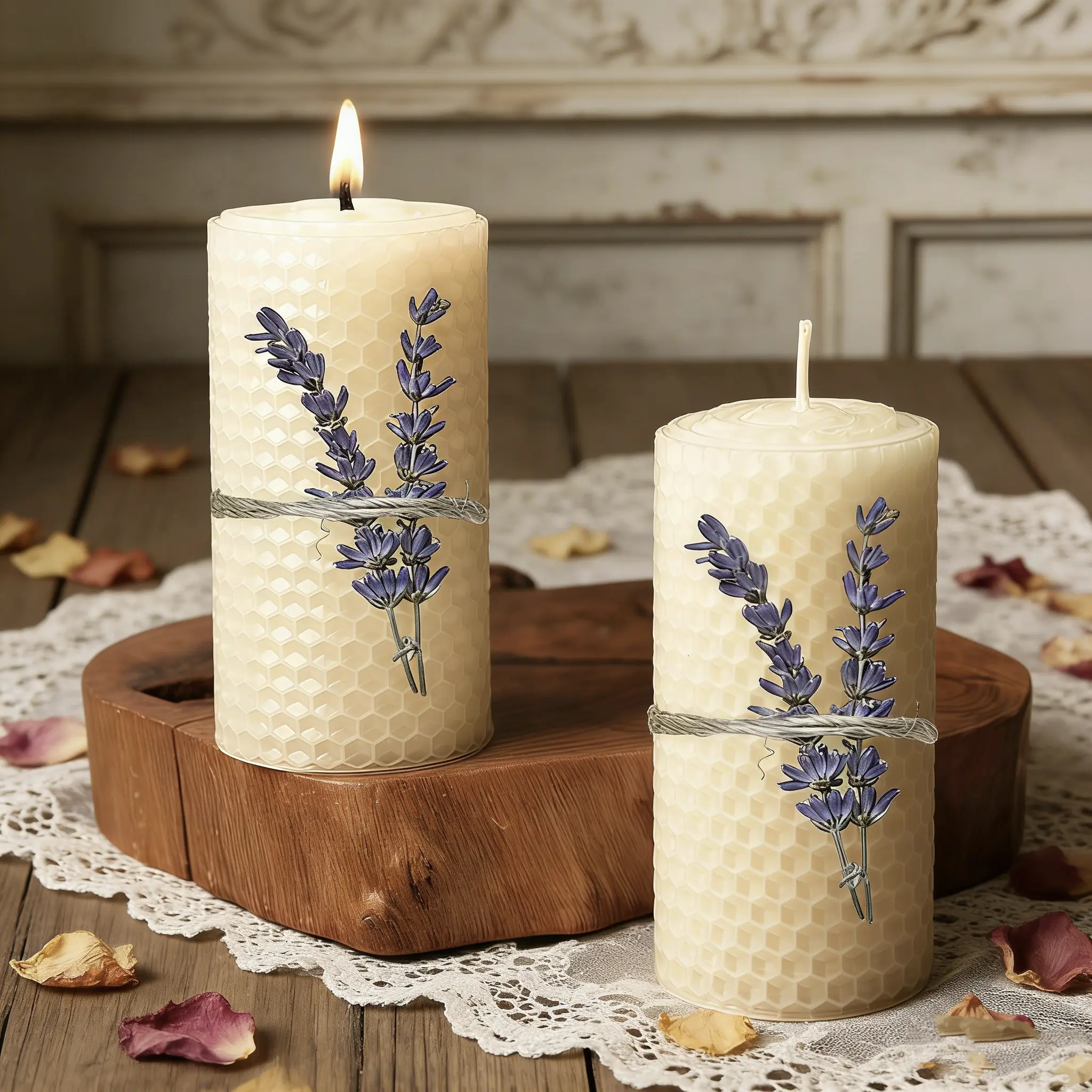 2-Pack Beeswax Pillar Candle Set, Ivory & Yellow, Hand-Rolled Honeycomb with Lavender Floral Decoration, Natural Honey Aroma, 5x10cm, Spooky Cozy Minimalist Table Decor for Weddings, Gifts
