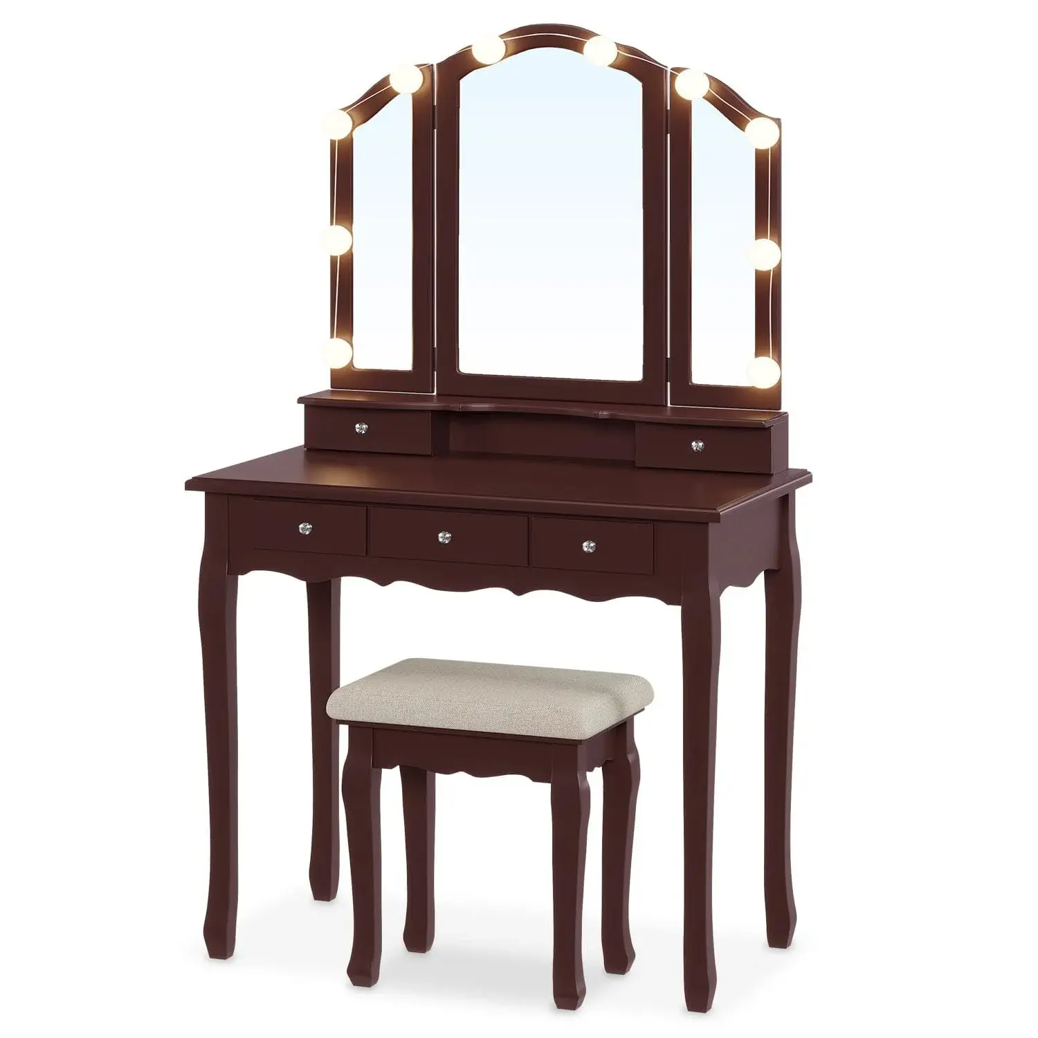 Makeup Vanity Set with LED Mirror Cushioned Stool Brown
