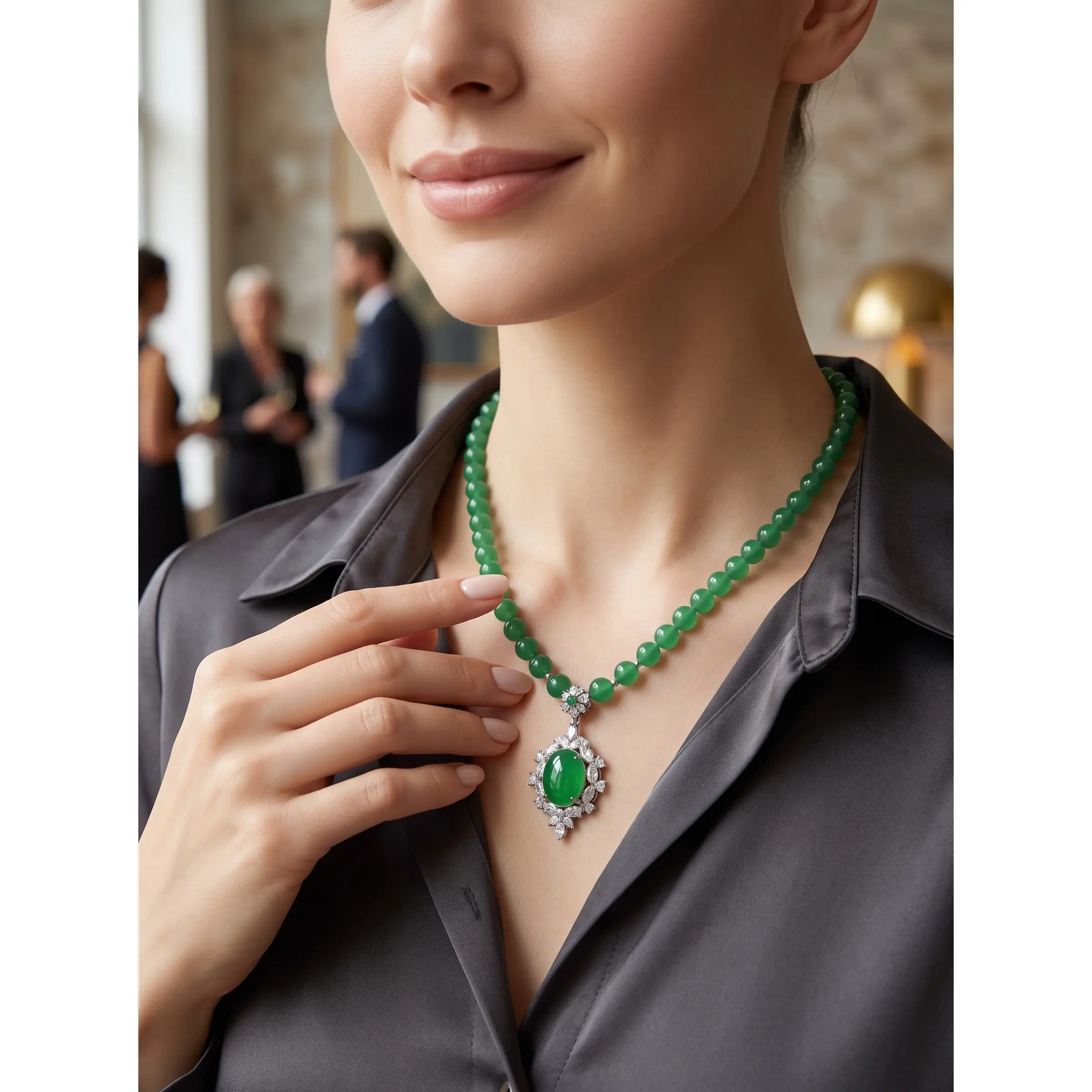 Natural Green Agate Beaded Necklace with Oval Pendant – Silver-Plated Brass and Zirconia Accent Statement Jewelry 6008