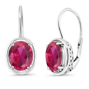 Gem Stone King 925 Sterling Silver Red Created Ruby Dangle Earrings For Women (4.00 Cttw, Oval 9X7MM)