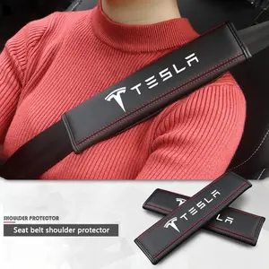2pcs PU Leather Car Seat Belt Cover Shoulder Protection Pad Interior Accessories For Tesla Model-3 Model-S Model-X Model-Y Cybertruck Roadster Car Interior Accessory