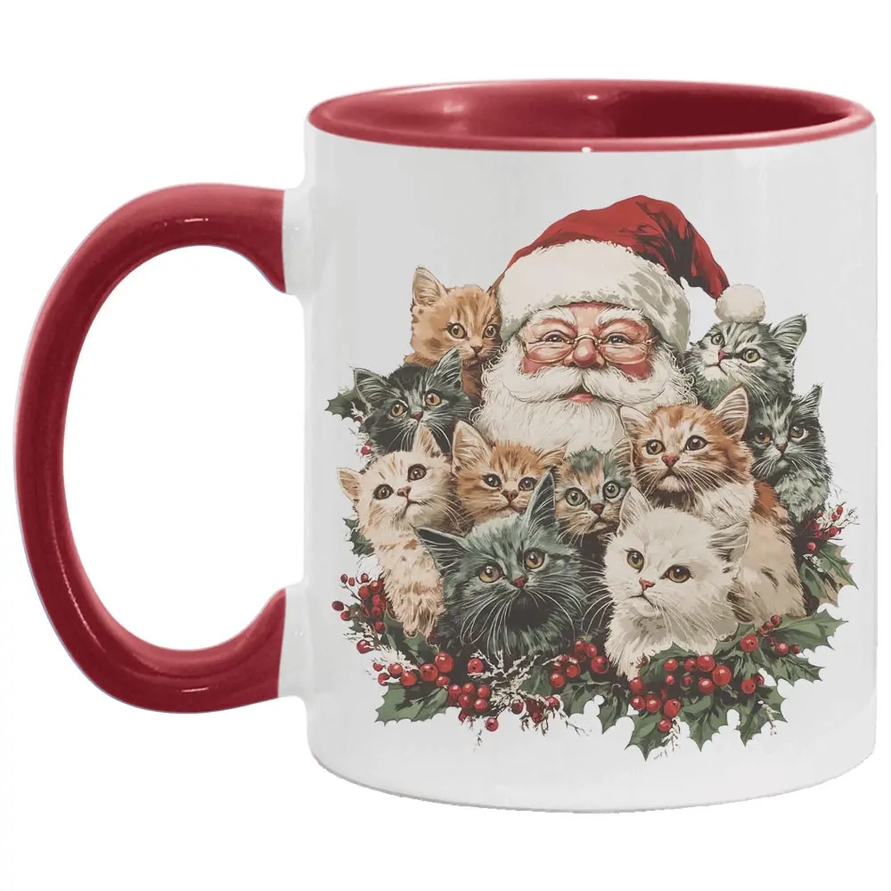 11oz Christmas Winter Ceramic Coffee Cup - Santa Claus & Kittens Printed Funny Accent Mug, 90s Retro Old Saint Nick Gift for Cat Lovers Drinkware
