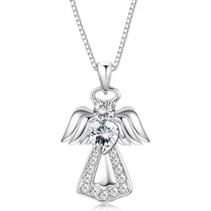 FINREZIO 1 Pc Silvery Angel Pendant 925 Sterling Silver Necklace for Women Men Guardian Angel Pendant Necklace Heart Round Cut CZ Inlaid Dainty Halo Wing Design Elegant Faith Jewelry Fashion Accessory Perfect for Daily Wear Dates Gift Giving