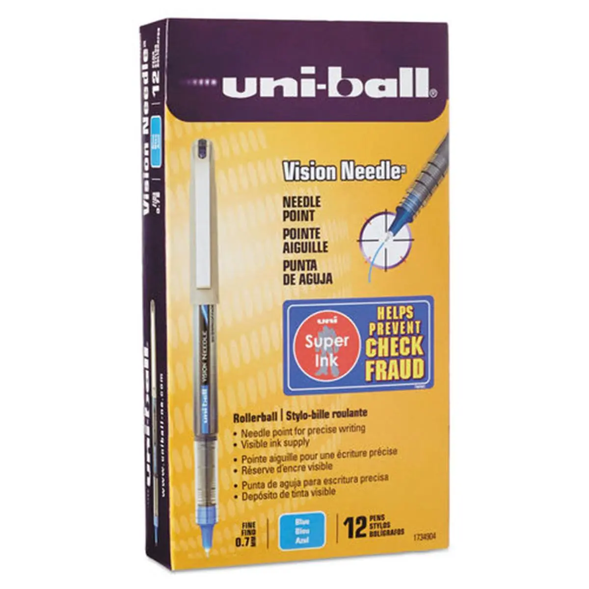 Uni-Ball VISION Needle Stick Roller Ball Pen (UBC1734904) - 0.7 mm Fine Tip, Blue Writing Pens & Refills, Silver Barrel, Free-Flowing, Precise Writing, 3-Way Protection, Waterproof, Smooth Grip, Fraud-Preventing Office Stationery (1 Dozen)