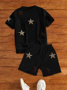 Men's Loose Fit Y2K Leopard Star Print Set, Soft Skin-Friendly Round Neck T-Shirt + Drawstring Shorts, Comfortable Fabric, Casual Daily Clothes