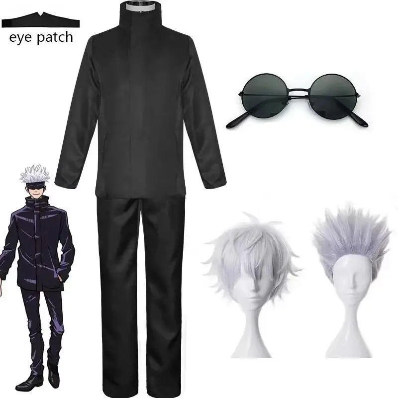 Black / Blue Gojo Satoru Cosplay Costume Eye Patch Wigs Glasses Anime Halloween Party Unisex Uniforms Size 110-3XL