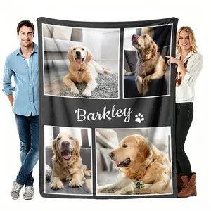 Pet Custom Photo Throw Blanket, Personalized Pet Flannel Blanket, Soft Cozy Warm Throw, Four Grid Paw Print Design, Memorial Gift for Dog Mom Dad, Cute Couch Bedroom Decor