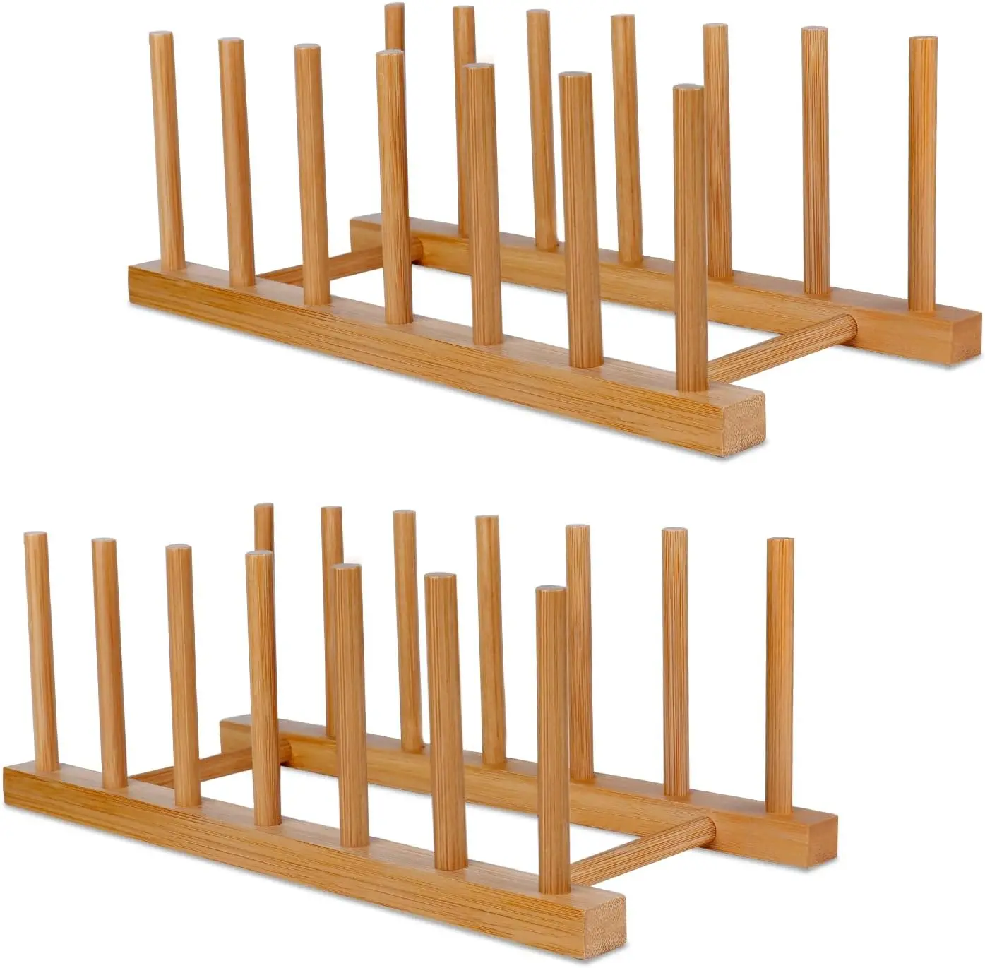 2-Pack Bamboo Wooden Vertical Dish Rack - Kitchen Cabinet Organizer, Plate Stand Holder, Draining Rack for Dishes, Pots, Lids, Bowls, Cups, Cutting Boards