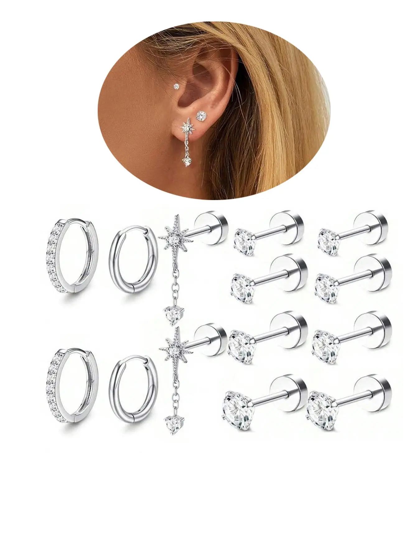 7 Pairs Cubic Zirconia Sparkling Zirconia Stud Earrings Flat Back Earrings Set, Flatback Stud Earrings, Ear Studs, Stud Earring Jewelry, Women's Star Dangle Earrings for Unique Ear Stacking Style, Earring Stacks