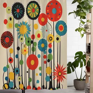 1pc  Vintage Creative Abstract Geometric Print Shower Curtain, Bathroom Curtain, Window Curtain with 12 Hooks - Curtain for Windows