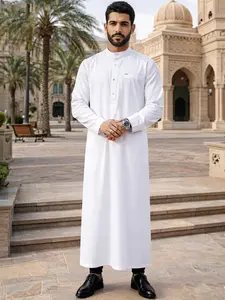 Arabic Islamic Muslim Traditional Clothing, Ramadan Festival Holiday Wear, Elegant Stand Collar Robe Authentic Saudi Thobe for Men, Daily & Special Occasions