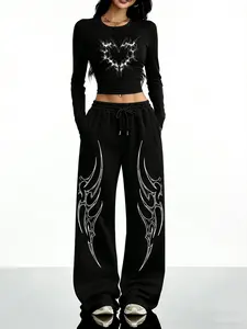 Women's Slim Fit Round Neck Long Sleeve Top + Casual Straight Leg Sport Pants Set, Gothic Print, Loose-Fitting, All Seasons, Sweatsuits Set