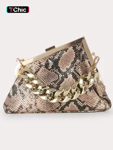 Women's Fashionable Snake Skin Print Evening Bag, Exquisite Metal Chain Strap Bag, Trendy All-match Crossbody Bag for Party Decoration, Elegant Stylish Purse, Evening Clutch Purse
