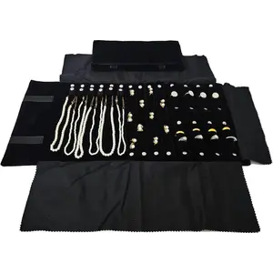 Travel Roll Bag Jewelry Display Storage Organizer Multi-function Velvet Pouch Black
