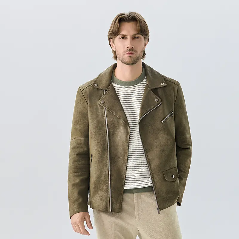 Men's Fitted Casual Retro Style Plain Faux Suede Biker Jacket - Long-Sleeve Vintage Motorcycle Coat in Olive Green with Slant Zip Pockets, Menswear Tops, Coats