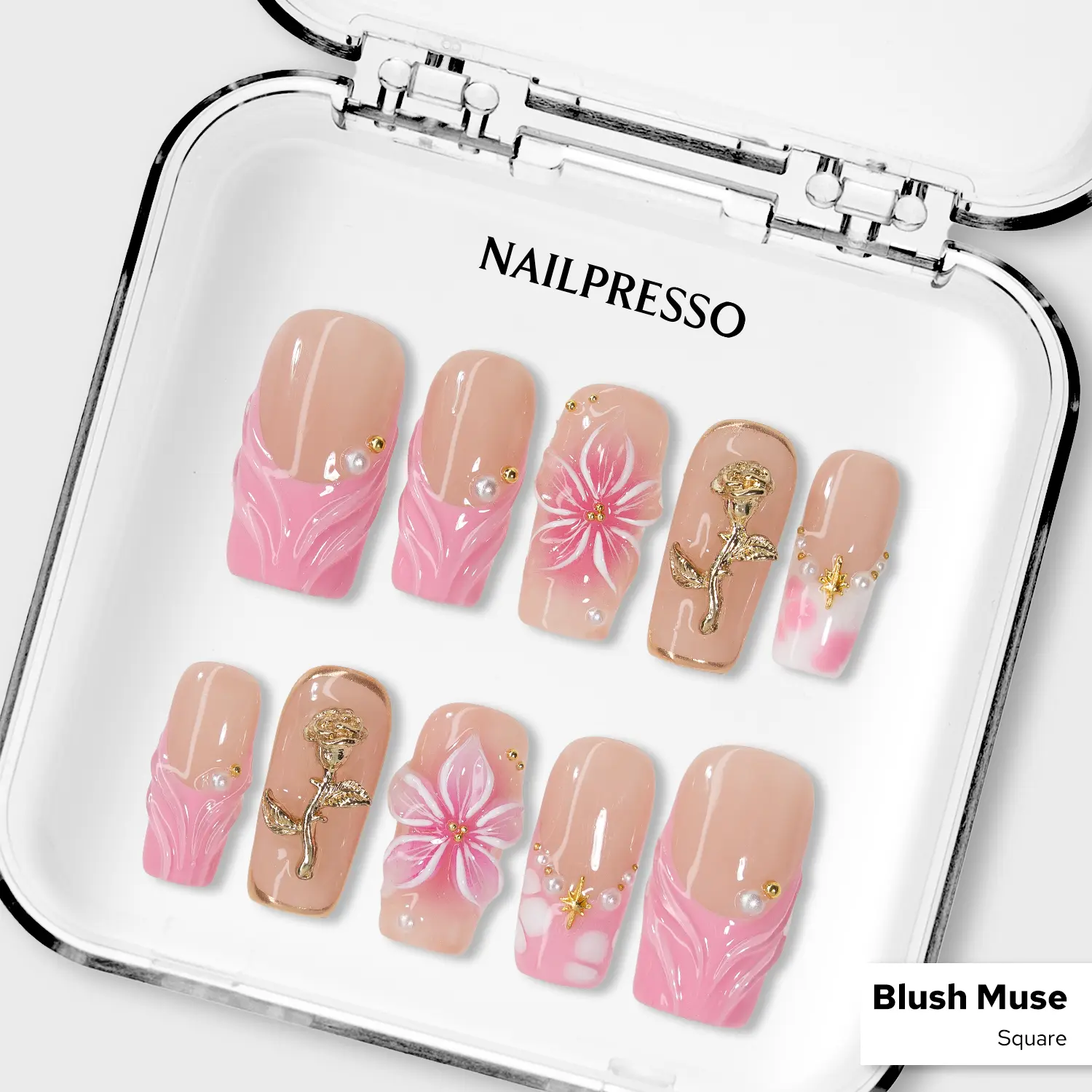 Nailpresso | Blush Muse Square 100% Handmade 3D Press-On Nails | Reusable Long-Lasting Salon-Quality | Pink Design With Gold and Floral Accents