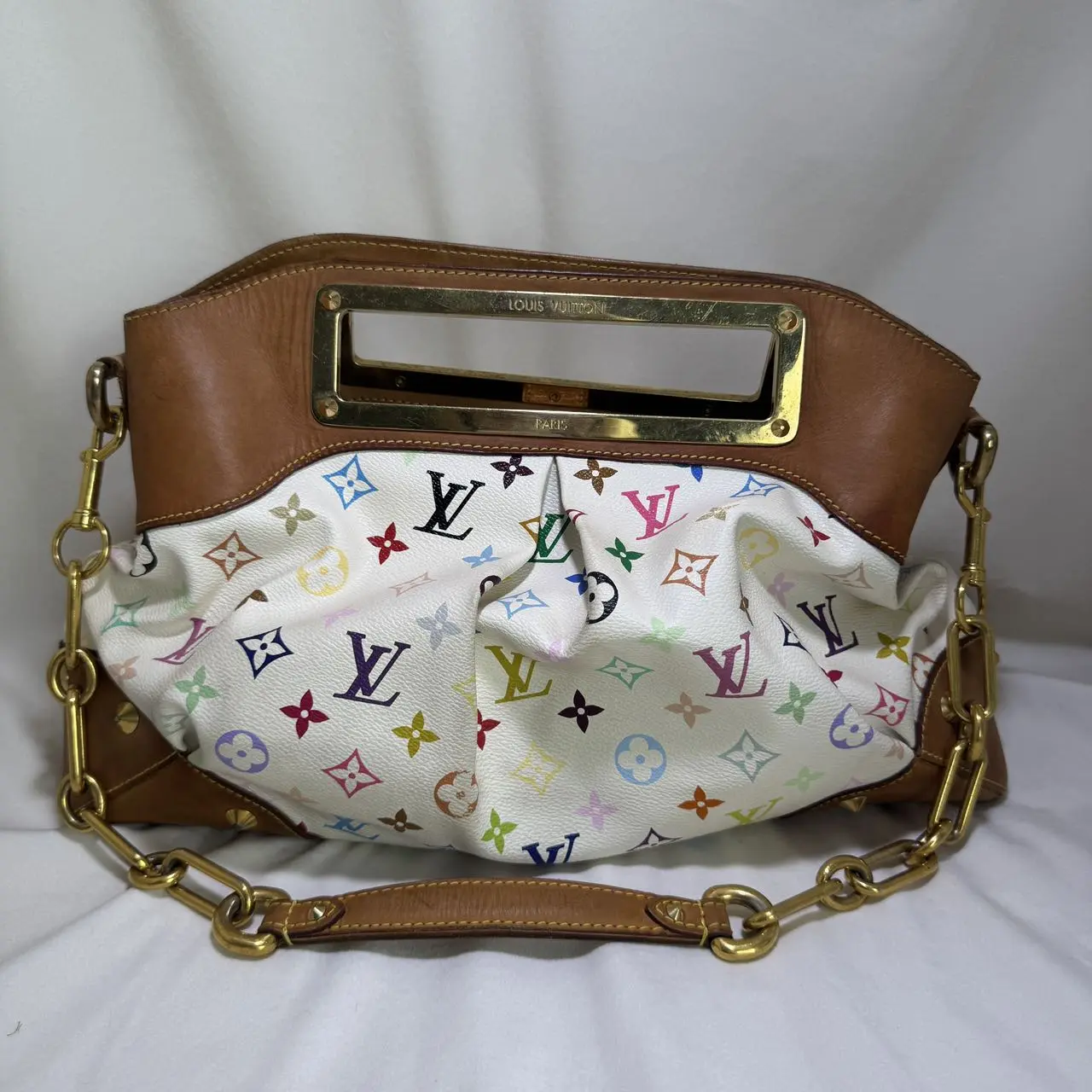 Pre-owned Louis Vuitton x Takashi Murakami Limited Edition Monogram Multicolore Top Handle Judy MM Bag Iconic Monogram Print, Gold Metal Frame