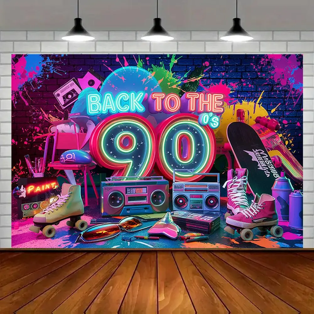 90's Retro Neon Party Banner - 1pc Vibrant Polyester Decor with "Back to the 90's" Sign, Skateboards, Radio, Reusable Photo Prop, Photo Booth Accessory for Birthday, Indoor/Outdoor Home Party Supplies
