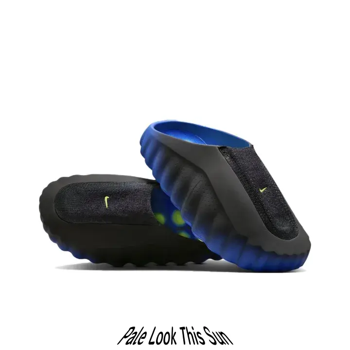 Streetwear casual slides with rugged wavy sole design, sleek black contrasted by vivid gradient blue trim, this trendy silhouette elevates every casual street and techwear outfit easily