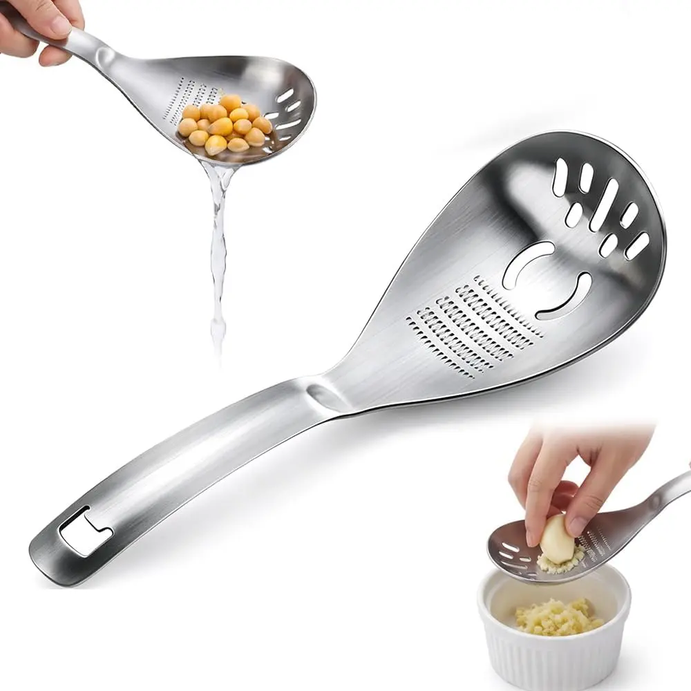 5-in-1 Multi-Use Heavy Duty 304 Stainless Steel Kitchen Utensil Set - Cooking Spoon with Slotted Slots, Egg Yolk Separator for Raw Eggs, Potato Masher, Food Grater Plate, Bottle Opener, Durable Cooking Tools
