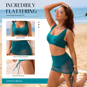 【S-XL】Hanna Nikole Womens High Waisted Swim Skirt, Tummy Control Mesh Bikini Sets, 2 Piece Swimsuit Drawstring Bathing Suits