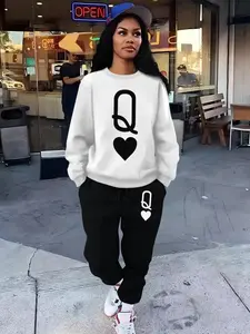 Women's Letter & Heart Pattern Sweatshirt & Pocket Sweatpants Set, Casual Fitted Long Sleeve Round Neck Top & Jogger Pants, Women's Fall & Winter Clothes, Womenswear, Valentine's Day Gift