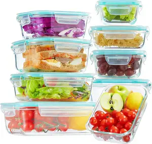 Premium Glass Food Storage Containers 8 Pack Stackable Square Design with Airtight Lids Green Rectangle Safe for Oven Microwave Freezer High Temperature Durable Kitchen Utensils