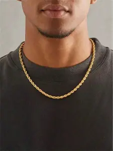 1pc Classic Rope Chain For Men Stainless Steel Men Golden Non-Fading Cuban Link Design Chain Necklace For Daily Wear Gift