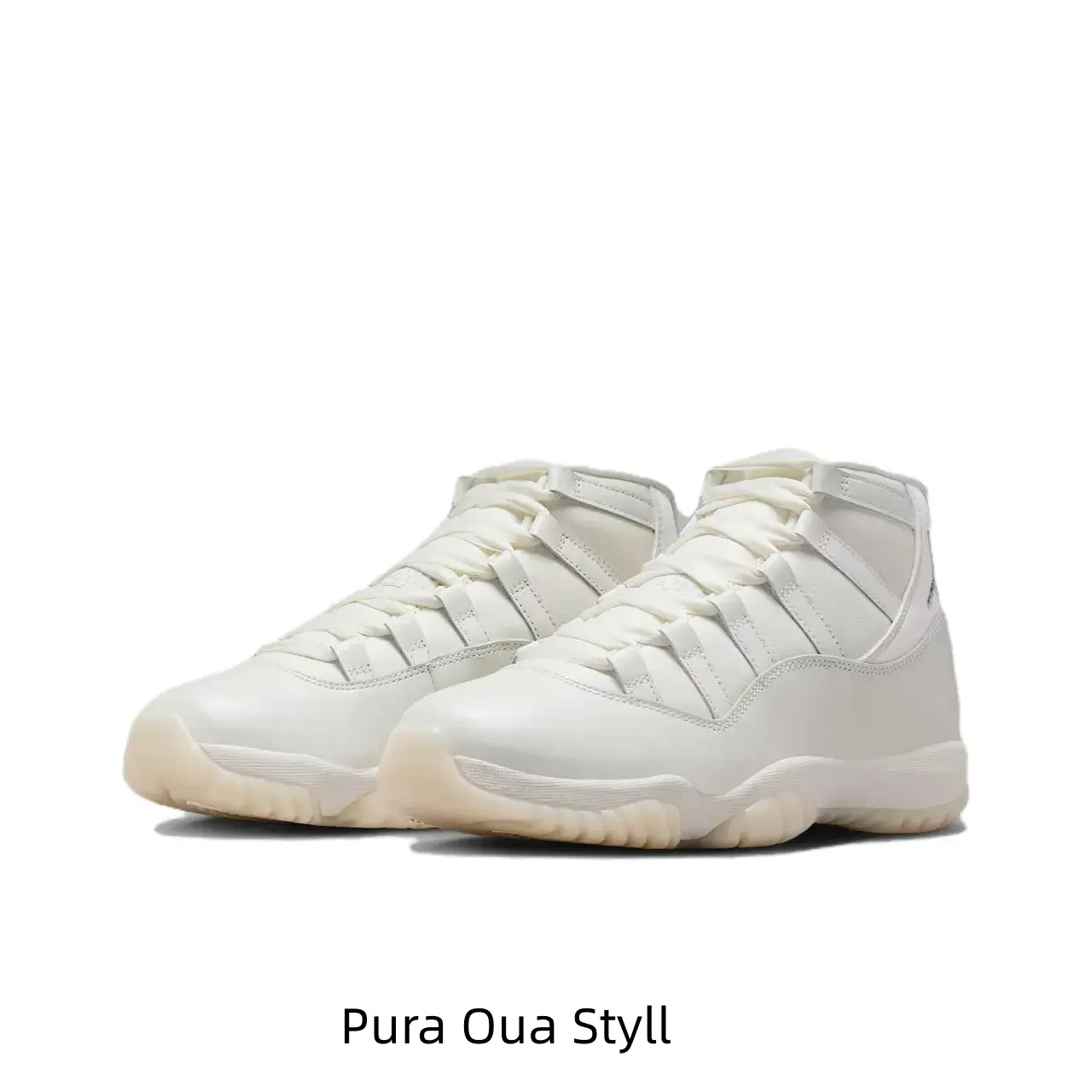 Full smooth cream off-white leather upper, segmented woven lace strip design, cushioned foam midsole, translucent cream rubber traction outsole