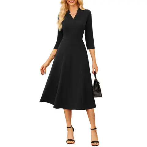 GRACE KARIN Women's Elegant Minimalist V-Neck 3/4 Sleeve Knee-Length Pocketed Formal Work Dress, 3/4 Sleeve Business Dress Suitable for Work, Church