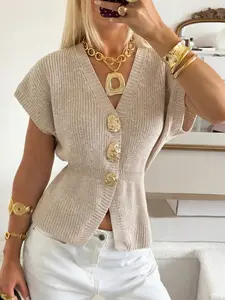 Women's Metal Button Open Front Cardigan, Sleeveless New Arrival Spring Summer Outerwear, Stylish Casual Fashion Top
