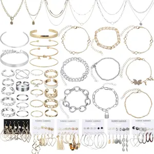 78 Pcs Jewelry Sets for Women with 6 Pcs Necklace 16 Pieces Aesthetic Bracelet 36 Pairs Dangle Earrings 20 Pieces Knuckle Rings Valentine Anniversary Birthday Party Gift