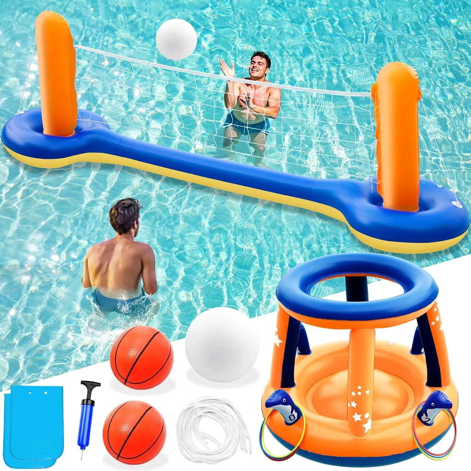 Pool Toys Games Set - 3 in 1 Pool Volleyball Net Basketball Hoop Ring Toss Game Inflatable Floats Water Floating Volleyball Swimming Pools Games Party Gift for Kids Adults (Orange&Blue, L)Gift