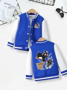 Boys' Stylish Cartoon Animal Print Baseball Jacket, Perfect for Outdoor Sports and Fall Fashion, Trendy Kids Outerwear