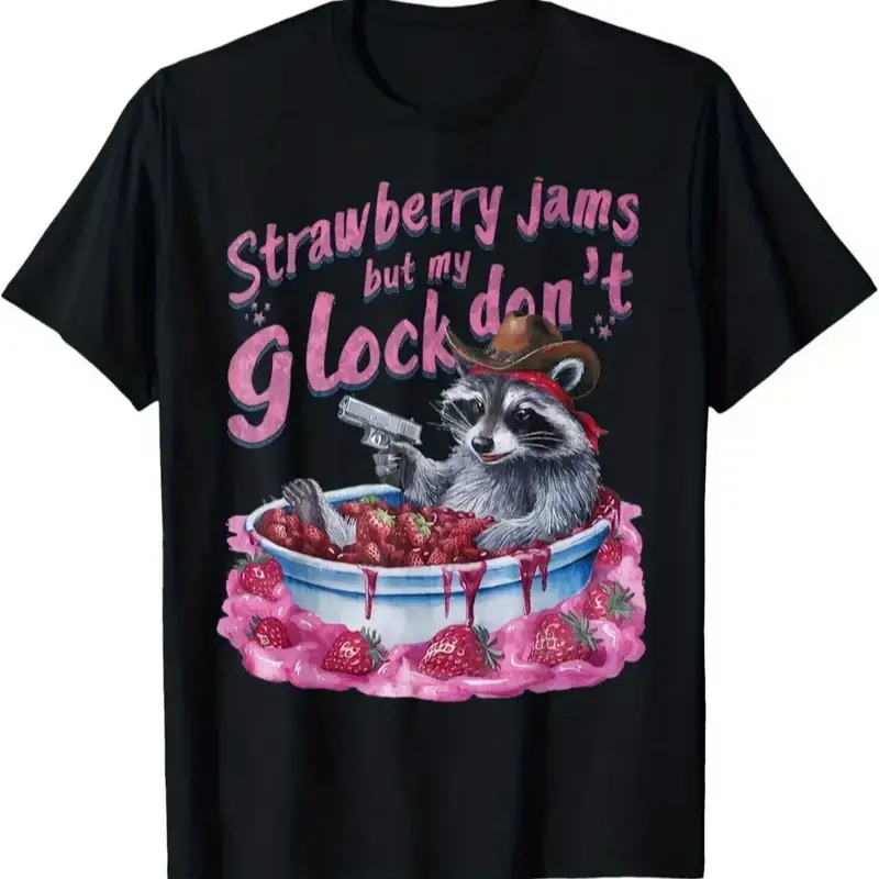 The "Strawberry Glock Jam" T-Shirt: Hilarious and Trendy, Perfect for Your Closet!Menswear Top graphic tees Streetwear Round Neck