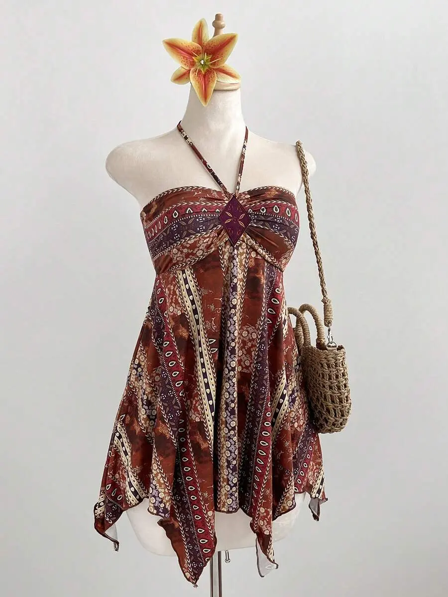 Women's Halter Neck Mini Dress Handkerchief Hem Asymmetrical Cut Vintage Print Boho Y2K Aesthetic Summer Beach Vacation Festival Outfit