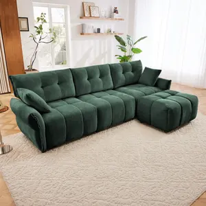 [Bellemave]Three - Seater Sofa Set With Ottoman And Pillows,Solid Wood, Textured Chenille, High - Resilience Cushions, Ideal For Living, Lounge, Office, Hotel Spaces, In  Green