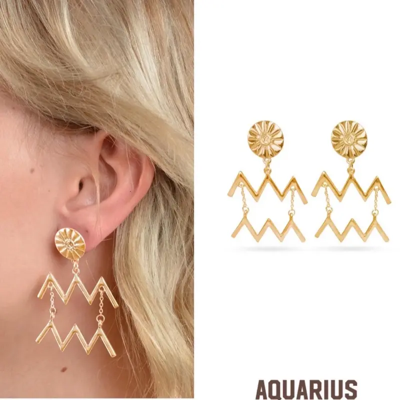 Aquarius Gold Zodiac Earrings - 14K Gold-Plated, Lightweight & Hypoallergenic, Unisex Astrology Jewelry, Perfect Birthday Gift