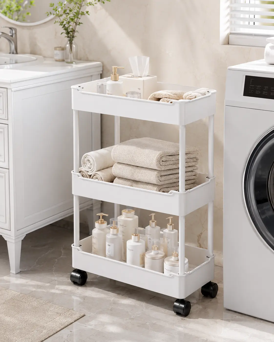 3-Tier Rolling Storage Cart with Wheels - Slim Mobile Household Organizer Basket, Utility Racks for Bathroom, Small Spaces, Smooth