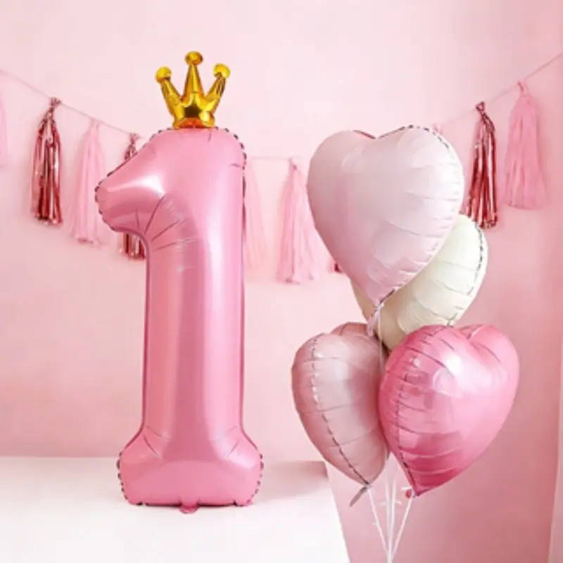 Pink number and heart-shaped balloon set, Birthday decorations, including balloons 1-9 with bow decoration and heart-shaped balloons - suitable for birthday parties, weddings, Valentine's Day decoration - pink party supplies