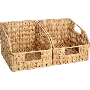 2 Pack Handwoven Water Hyacinth Wicker Storage Baskets with Built-in Handles, Pantry Organizing Baskets for Shelves