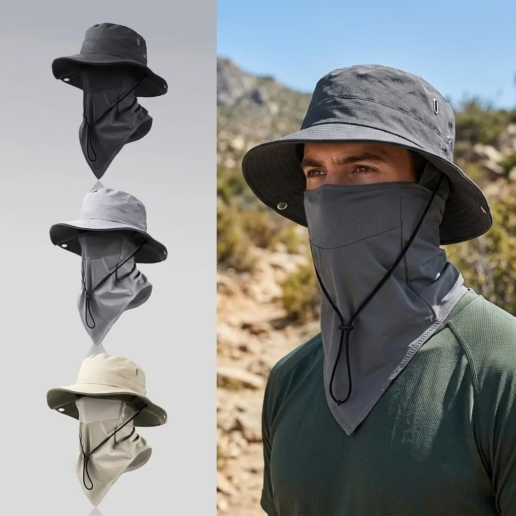 2-Set Unisex Outdoor Wide-Brimmed Sun Hats, Solid Color Foldable Brim, Breathable with Elastic Drawcord Closure, Adjustable Size, Outdoor Sports Hat with Mesh Face Mask for Beach Fishing, Hiking, Breathable Mesh, Two Sets Pack