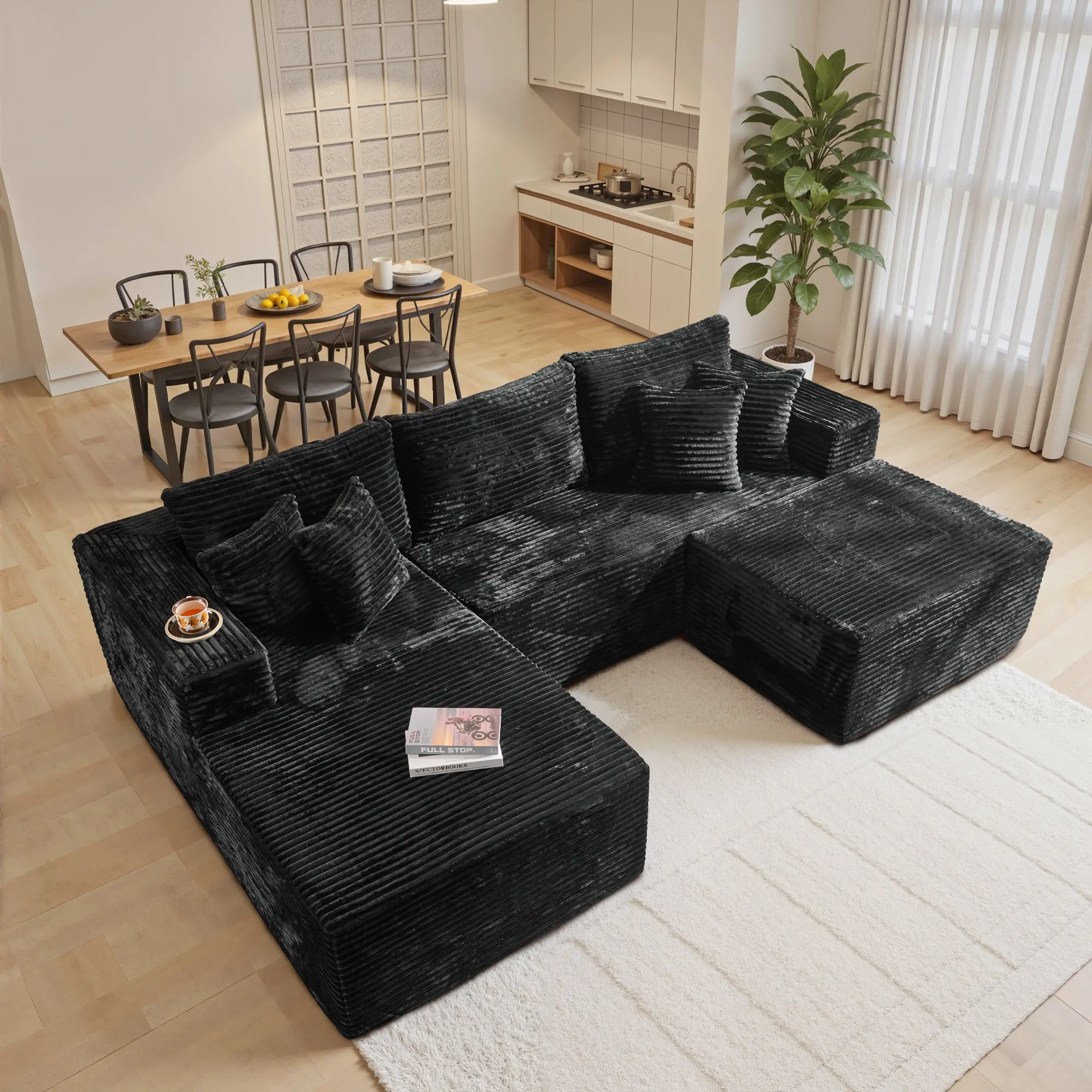 108" Black U/L Shaped Sofa With Ottoman