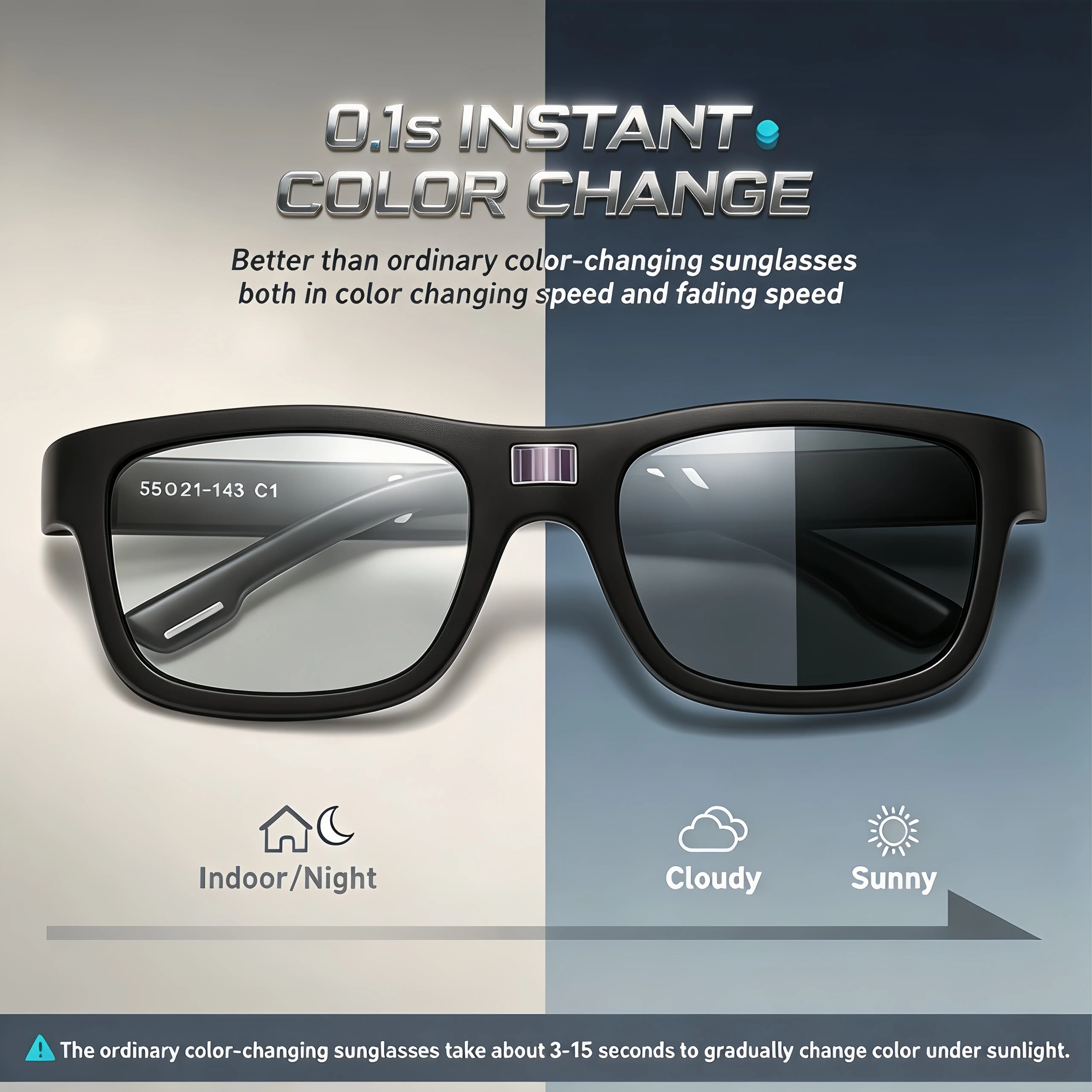 Unisex Photochromic Polarized Sunglasses, Smart Auto Color Changing, Full UV Protection, Ultra Light Square Frame