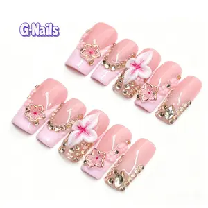G Nails A40 Cream Pink French with Glittering Rhinestone 10 pcs Handmade Press On Nails 3D Floral ReusableNails PinkNails High-Shine