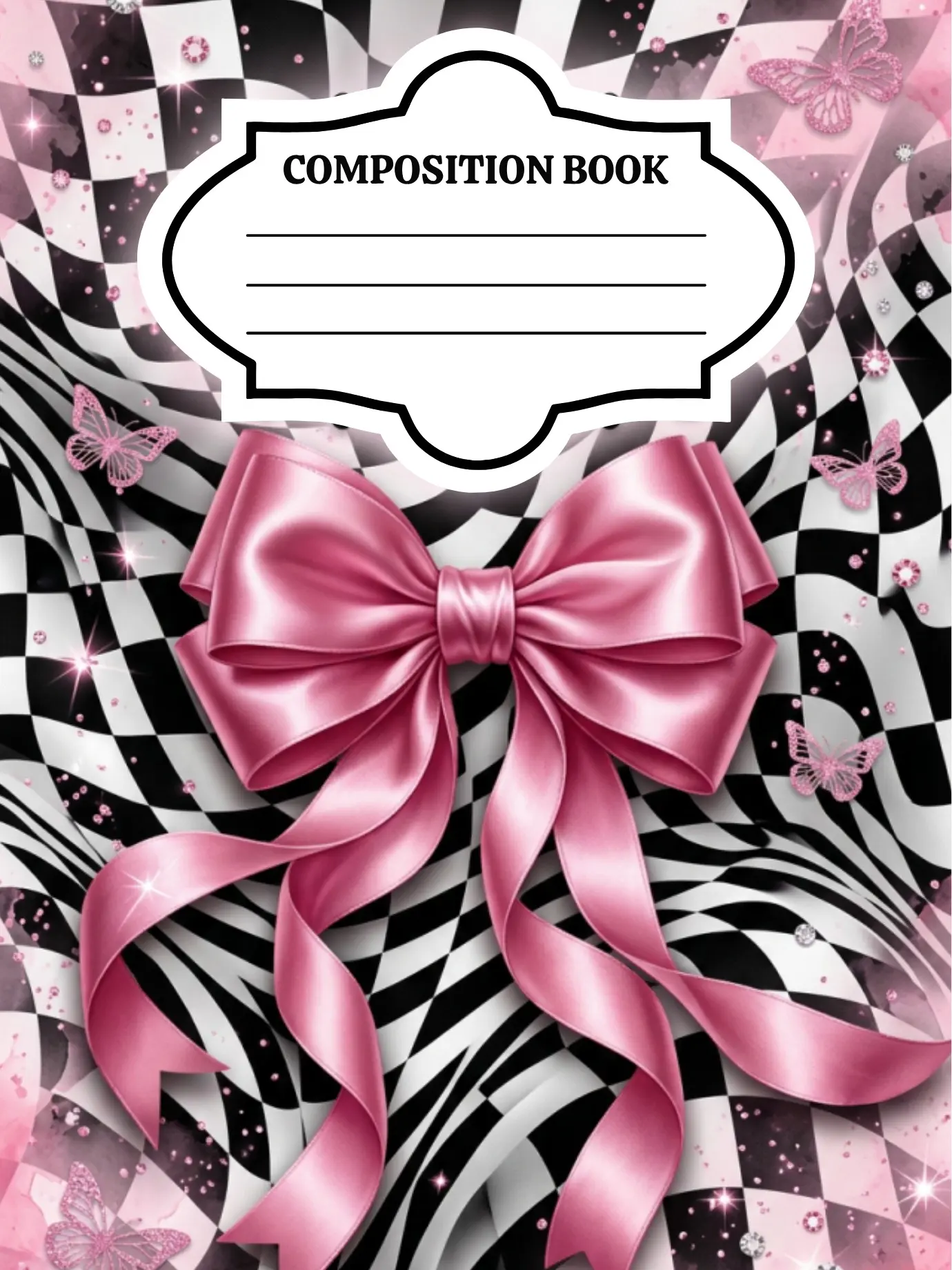 Handcrafted Checkered Sweetheart Bow Personalized Composition Notebook - Custom Blank/Blank-Lined Pages, Office Stationery, Personalized Gifts for Journaling Writing