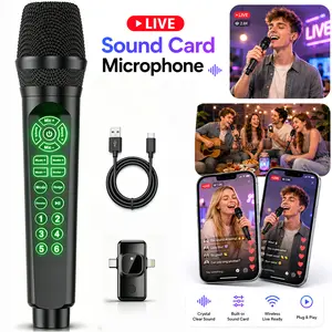 MC9 Wireless Bluetooth Live Streaming Microphone with Built-in Sound Card, Voice Changer, Reverb/Denoise/Smart Ducking, 6 Sound Effects, Live Sound Card Mic Headphone Monitoring for Podcast Recording