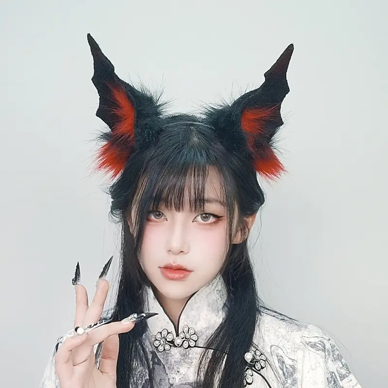 Women's Spooky Dark Halloween Bat-Beast Ears Headband & Tail Cosplay Set, Devil Horn Costume Accessories for Halloween Parties, Manga Exhibitions (Red, Purple, Black)